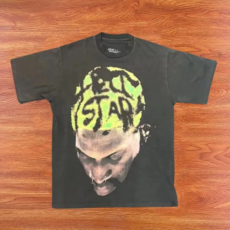 

Vintage Hellstar Studios Tshirts Portrait Bald Colored Letter Print Short Sleeve Top Tees Rock Hip Hop T-Shirt for Men Women
