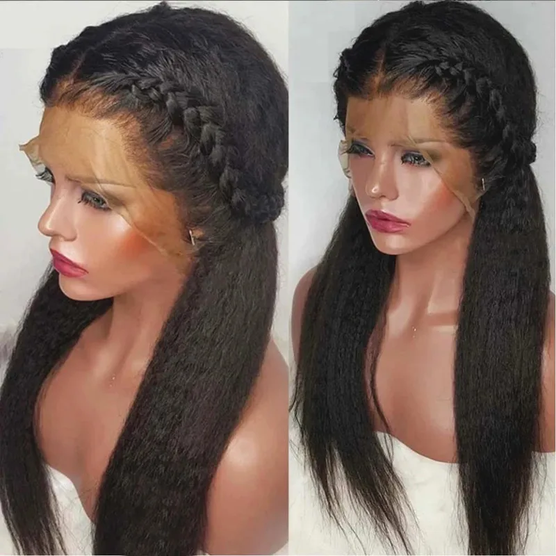 

Natural Long 28 inch Soft Black Yaki Kinky Straight Hair Wig For Women Natural Hairline Kinky Straight Wig With Afro BabyHair