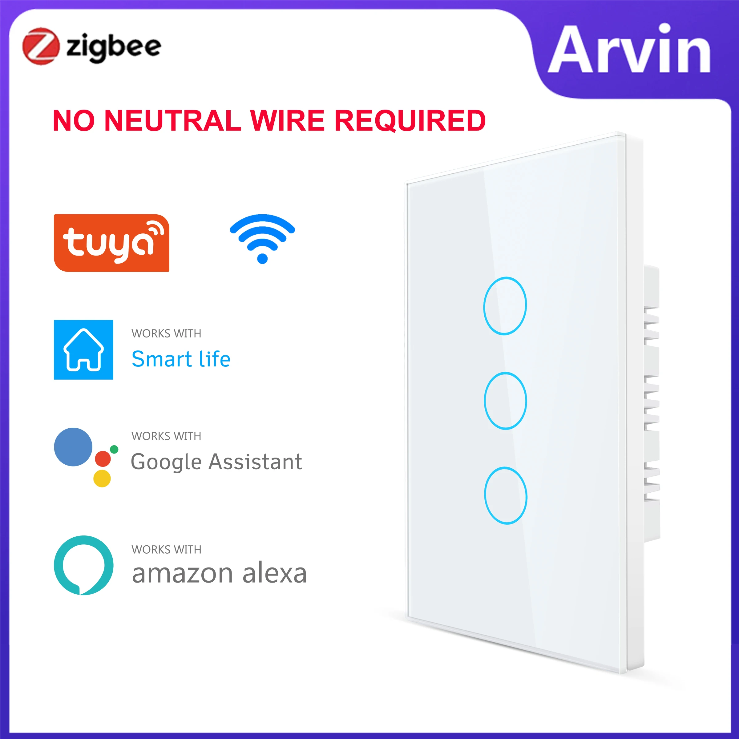 

Tuya Zigbee Smart Wall Light Switch No Neutral Wire Required No Capacitor 1/2/3 Gang Light Switch Works with Alexa Google Home
