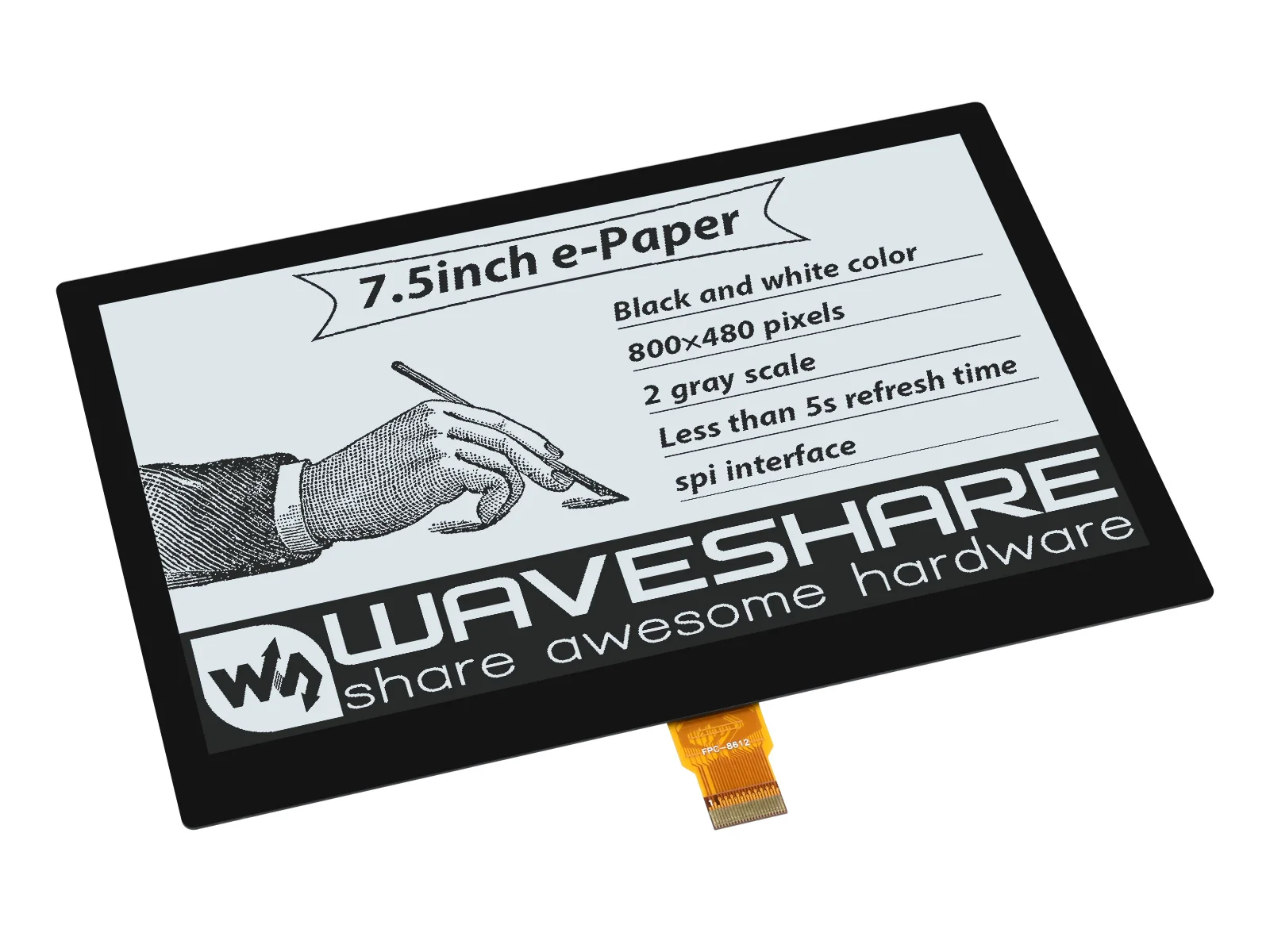 

7.5inch e-Paper (G) E-Ink Fully Laminated Display, 800×480, Black / White, SPI, without PCB