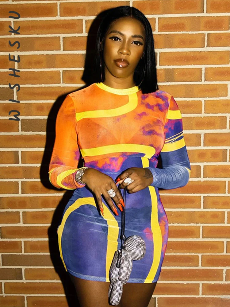 

Сексуальное облегающее мини-платье с принтом и круглым вырезом, вечерние ское вечернее платье с длинным рукавом и цветными блокировками, ве...