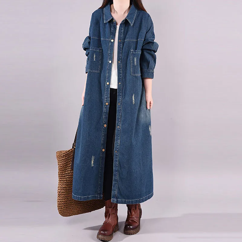 Женский винтажный джинсовый Тренч Idopy рваная потертая однобортная длинная