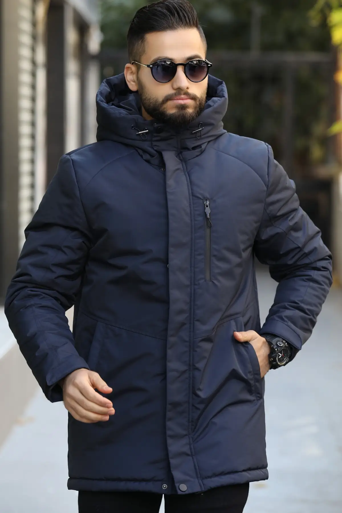 Men's Navy Blue Waterproof Hooded Windproof Coat