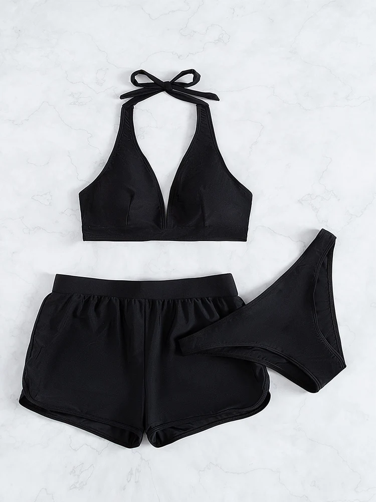 Купальник женский однотонный черный с завышенной талией яркий комплект 2022 новый