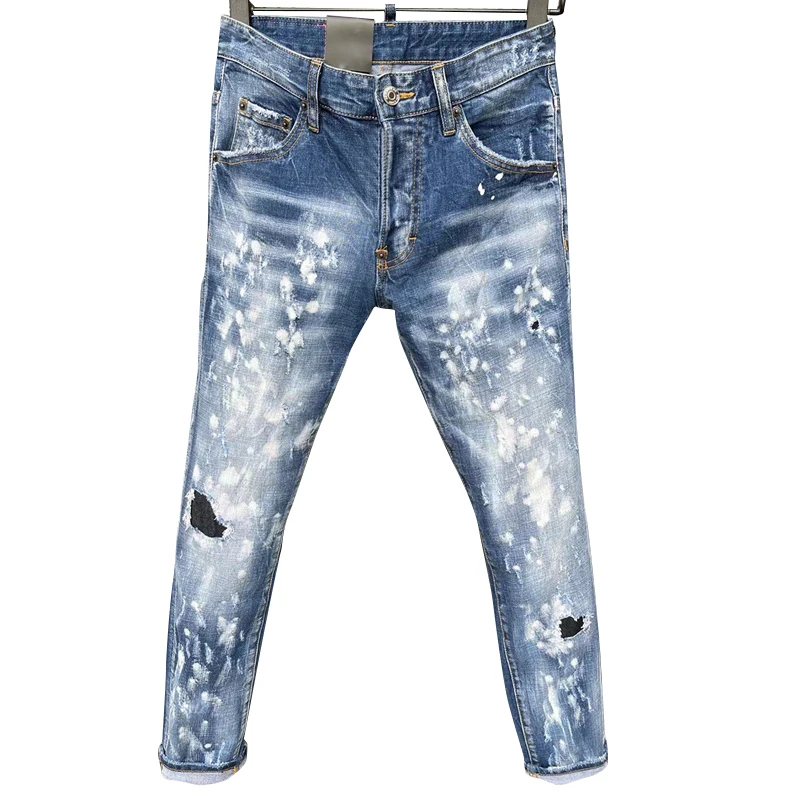 2023 Starbag DSQ four  jeans men's letter leather logo hole paint dot hip hop slim Blue Elastic Italian pop brand D2d NEW style