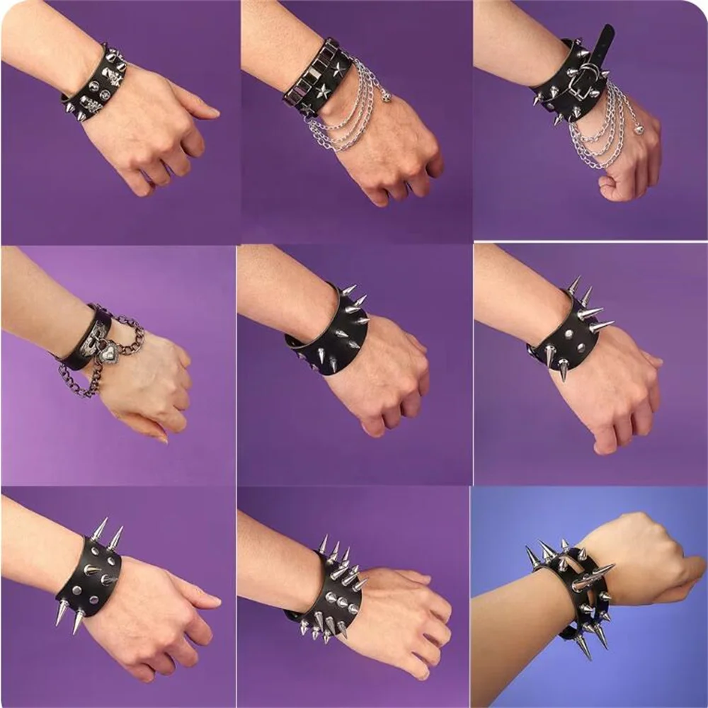 Кожаный женский браслет в стиле панк-рок с сердечками и звездами