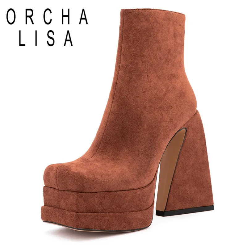

ORCHA LISA Women's Mid Calf Boots Square Toe Block Heels 14.5cm Platform 5cm Suede Boot Big Size 34-43 Mature Party Shoes S4147