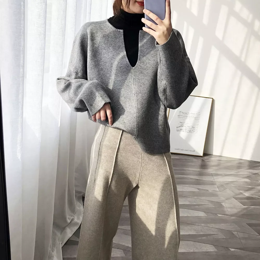 

Женский трикотажный свитер, серый пуловер с V-образным вырезом и длинным рукавом, осень 2019