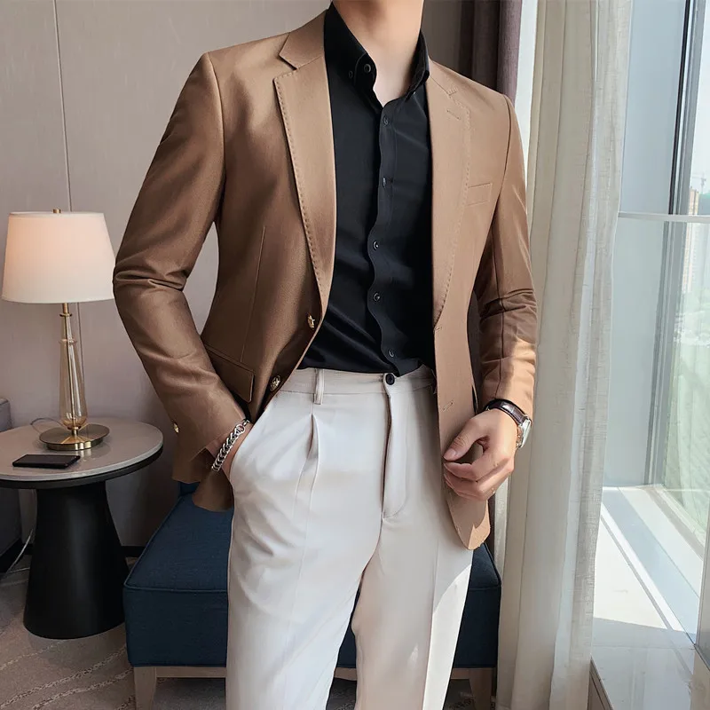 

Brand 2021 Men Blazers British Solid Color Wedding Business Casual Suit Jacket Streetwear Social Formal Dress Coat Costume Homme