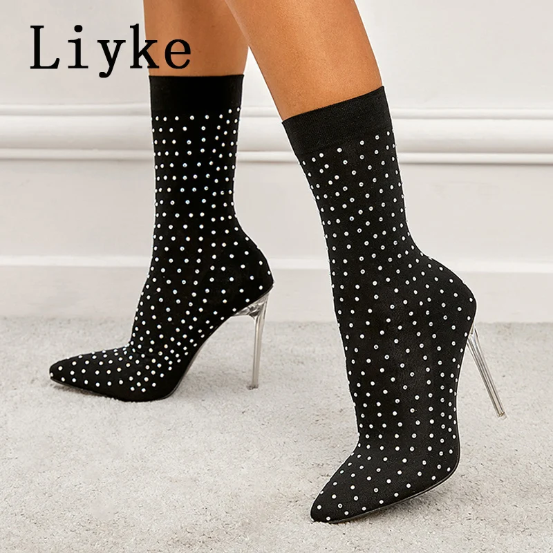 

Liyke Модные прозрачные ботинки из перспекса на высоком каблуке с кристаллами, Стрейчевые тканевые ботинки, женские ботинки с острым носком, б...