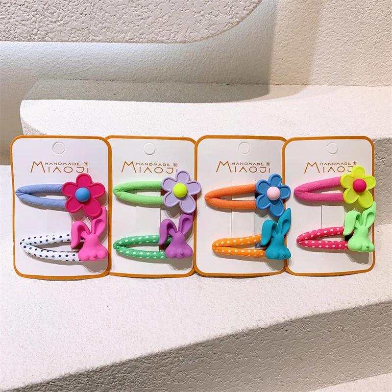 

Заколка для волос в Корейском стиле для девочек, простой милый зажим для волос с мультяшным кроликом и цветами, модные детские аксессуары дл...