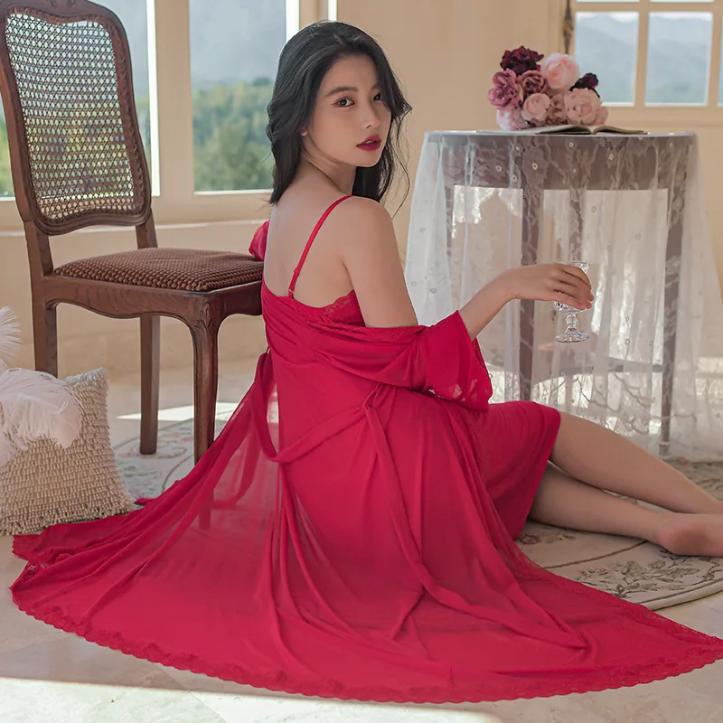 Red Collection Benmingnian Nightgown Women's Sexy Nightdress Spring Autumn Mesh Modal Sleepwear 2Pcs Set Homewear Lounge Set