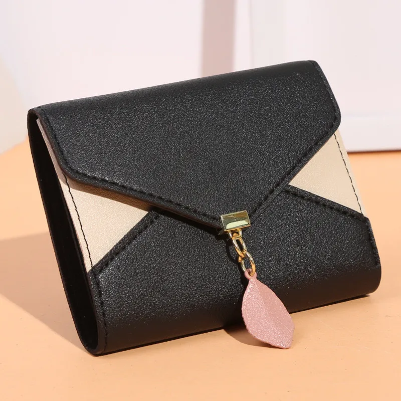 

Mini Women's Wallet Patchwork Short Hasp Coin Purses Leaf Tassel Design Clutch Bag PU Leather Tri Fold Wallet Female Card Holder