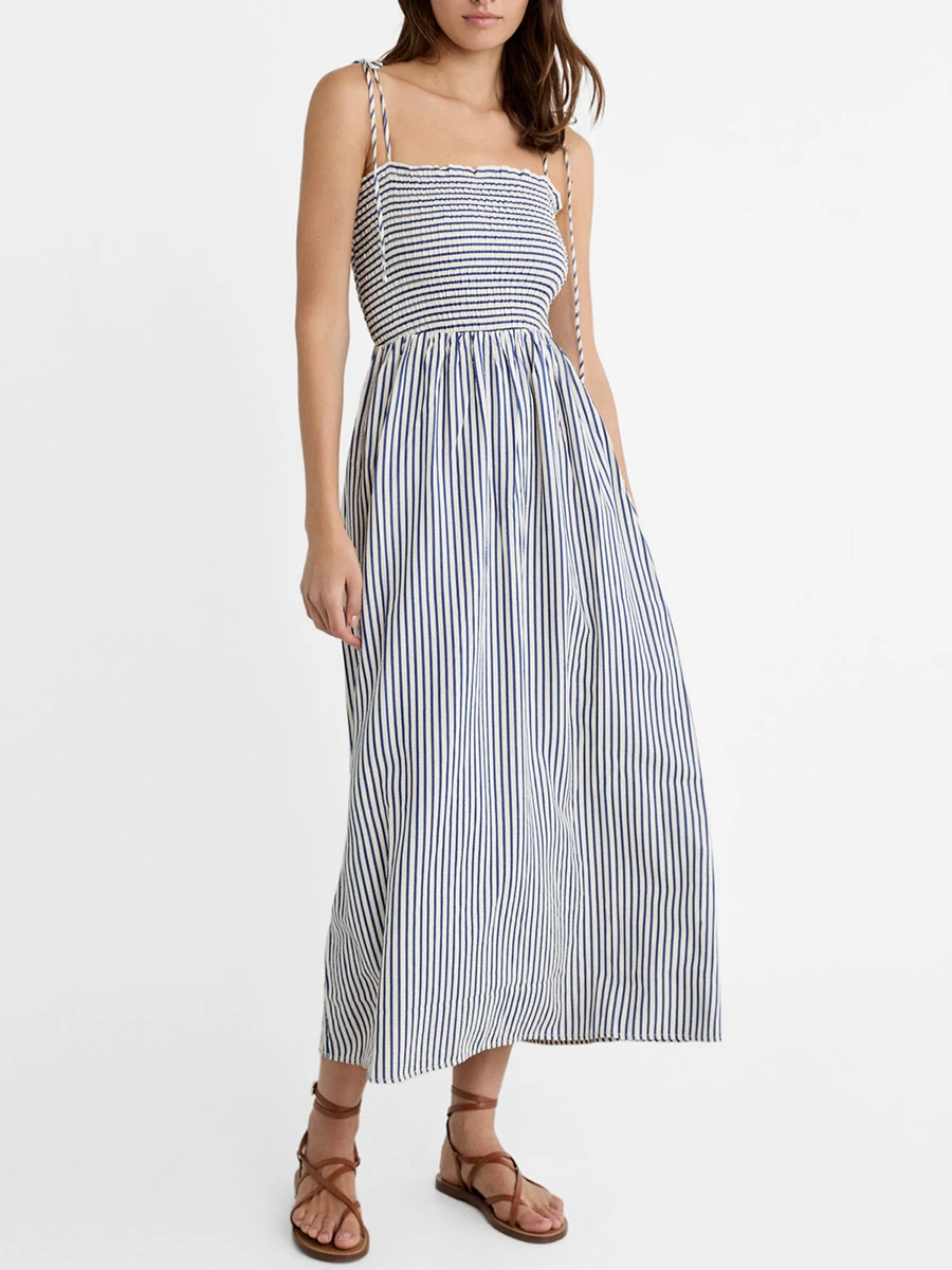 2024 женское полосатое платье с принтом шнуровка без рукавов оборками отделка