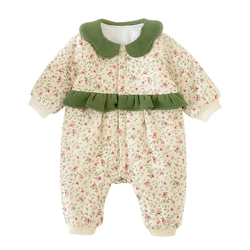 Cute Fashion Winter Baby Girl Romper Newborn Photography Romper Cotton Floral Single Breasted Fleece Warm Newborn Baby Clothes