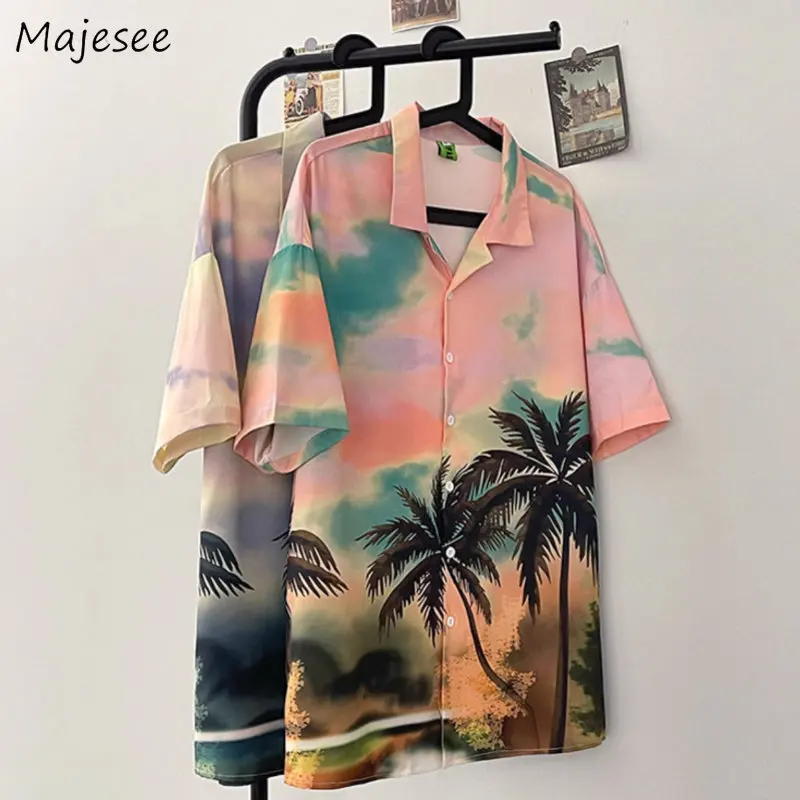 

Пляжные рубашки, Мужская одежда для пар, гавайский принт в стиле Харадзюку, японские Мешковатые стильные летние тонкие Y2k, подходящие ко всему стильные рубашки