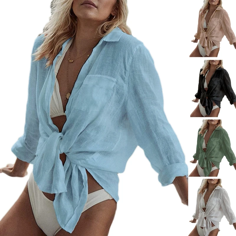 Женская пляжная накидка с длинным рукавом на пуговицах рубашка для сна платье