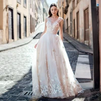 2022 elegant v neck a line wedding dress women modern long 3d appliques sleeveless bride dress backless vestido de noiva