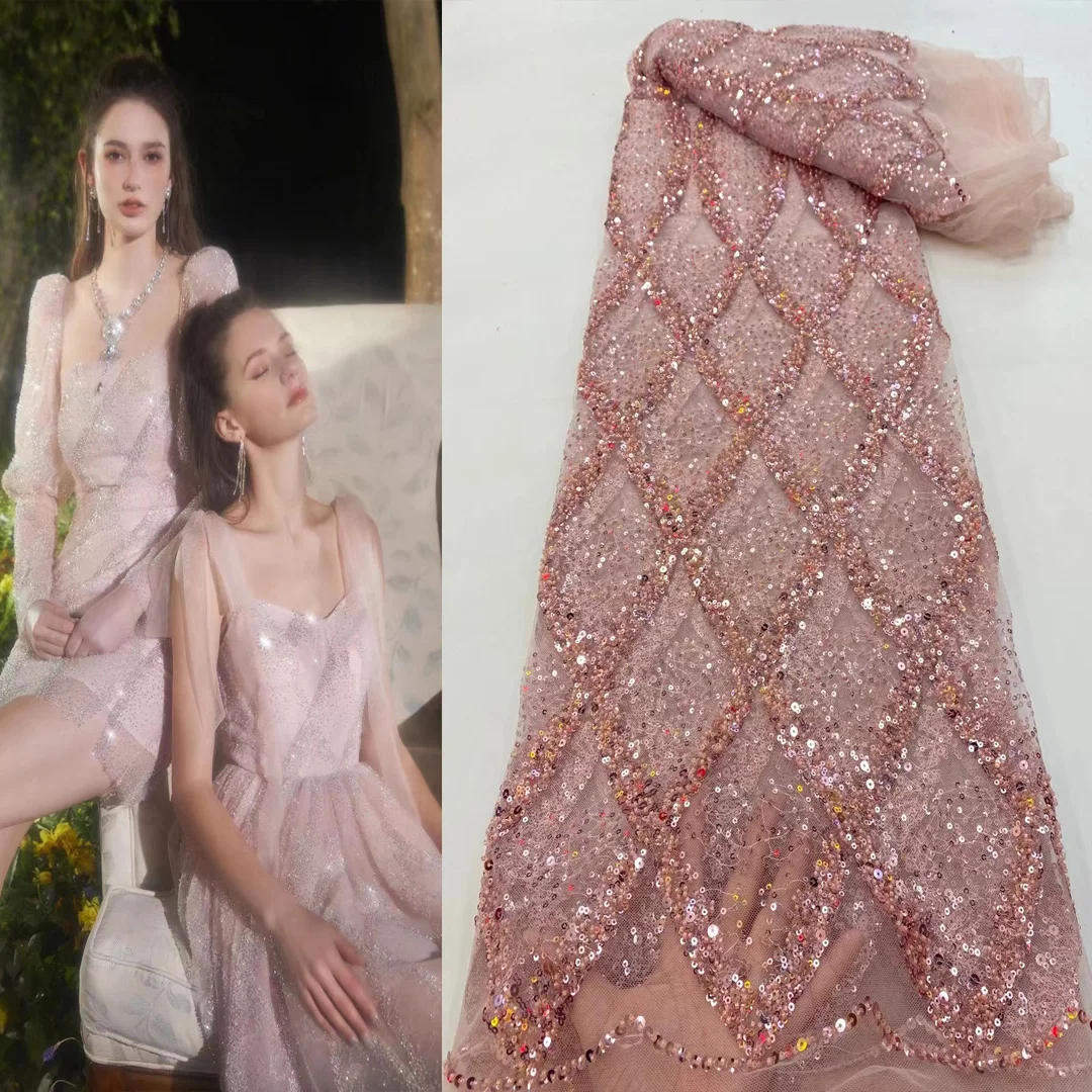 

(5 ярдов/шт.) шикарные блестящие бусины и блестки вышитые французское Сетчатое кружево высокого качества Африканское Тюлевое кружево для платья FRX130