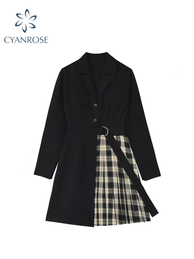 

Blazer Dress Women Patchwork Irregular Korean Autumn Elegant Fashion Designer Long Sleeve Casual Sashes Female Mini Dress