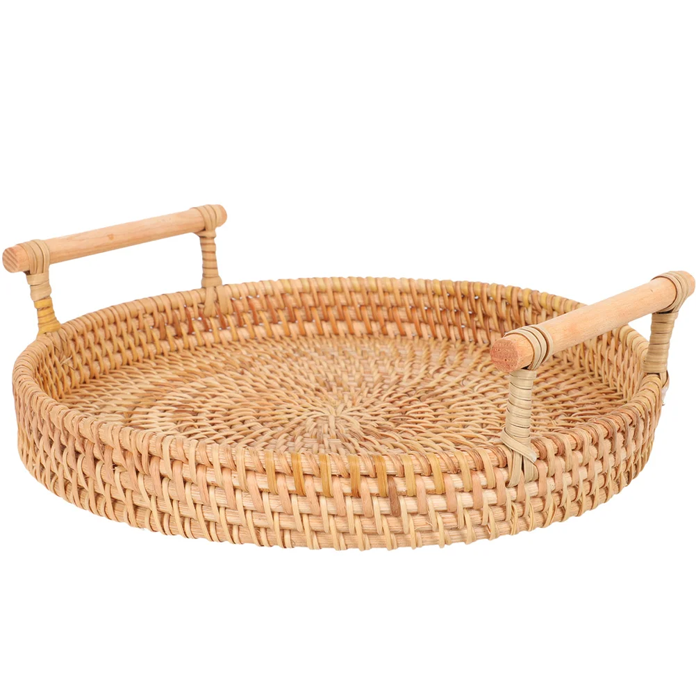 

Serving Tray Round Wicker Woven Rattan Coffee Table Handles Bread Bathroom Snacks