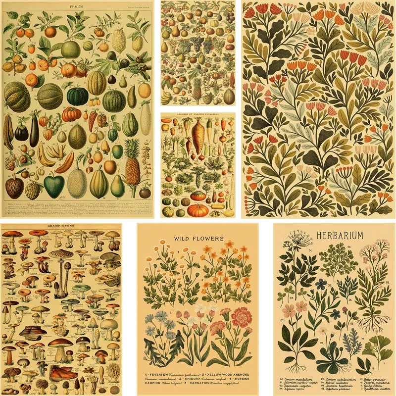 

Wild Plant Poster Botanical Flower Painting Pictures for Study Living Room Home Decor Retro Kraft Paper Posters Wall Decoration