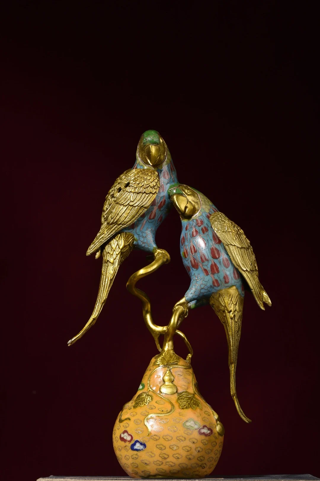 

13"Tibet Temple Collection Old Bronze Cloisonne Enamel Parrot Statue Gourd incense burner Fortune and longevity Amass wealth