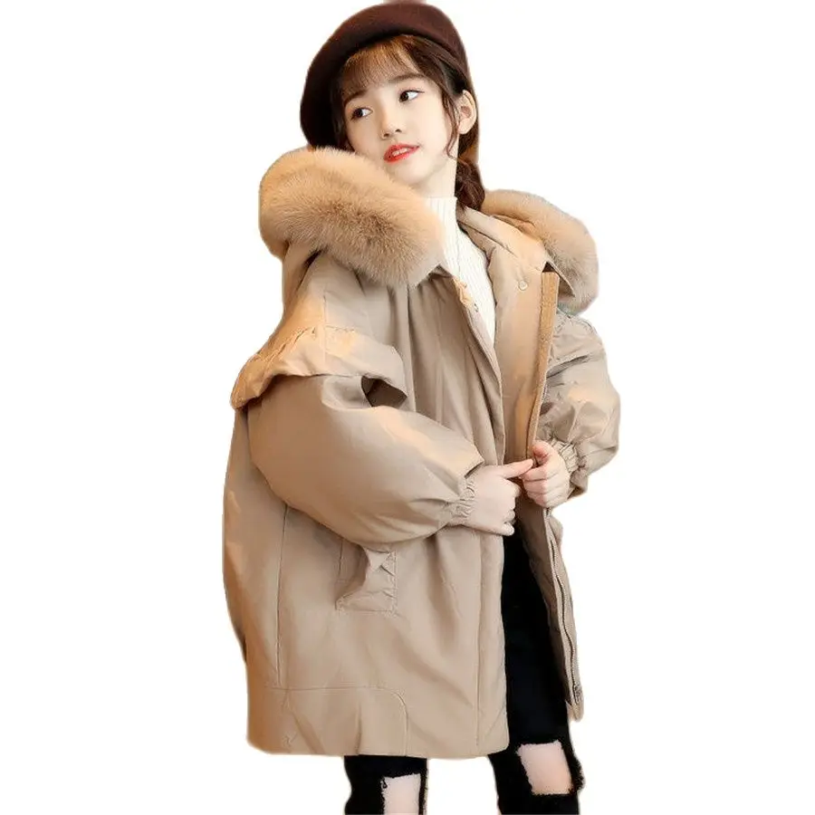 

Новинка 2023, детская одежда, парка с большим мехом и капюшоном, теплая зимняя тонкая пуховая куртка, детская одежда для девочек, верхняя одежда, длинное пальто для подростков 10 14 лет