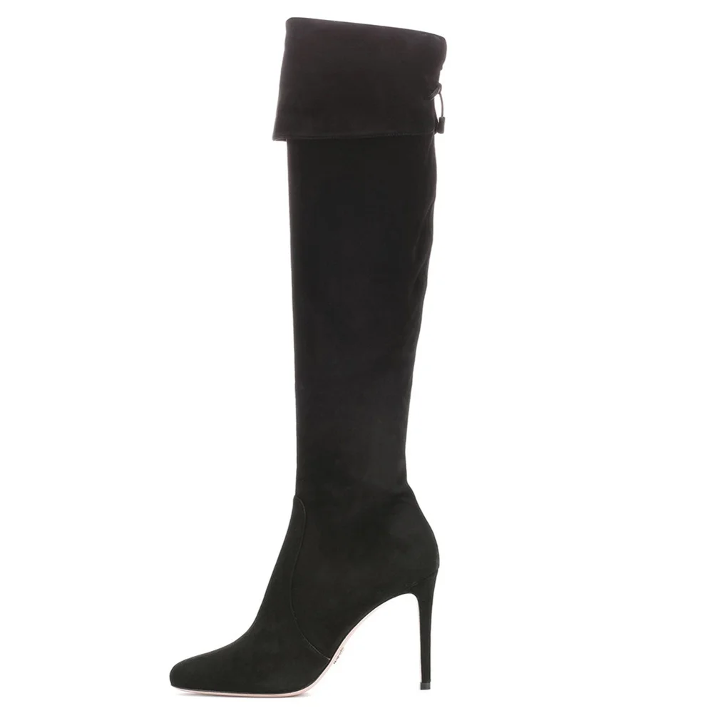 Women High Heel Knee Boots Winter Classic Black Suede Pointed Toe Stiletto Boots Zipper Turned-over Edge Comfort Long Boots
