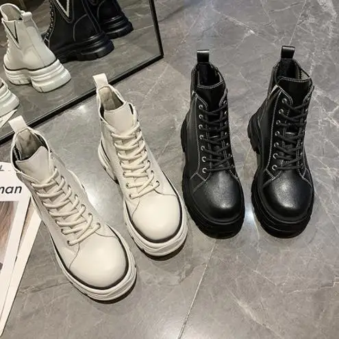 

Women Short Boots 2022 Autumn Winter New Ankle Boot Fashion Platform Sneakers PU Leather Shoes Ladies High Top Small White Shoes