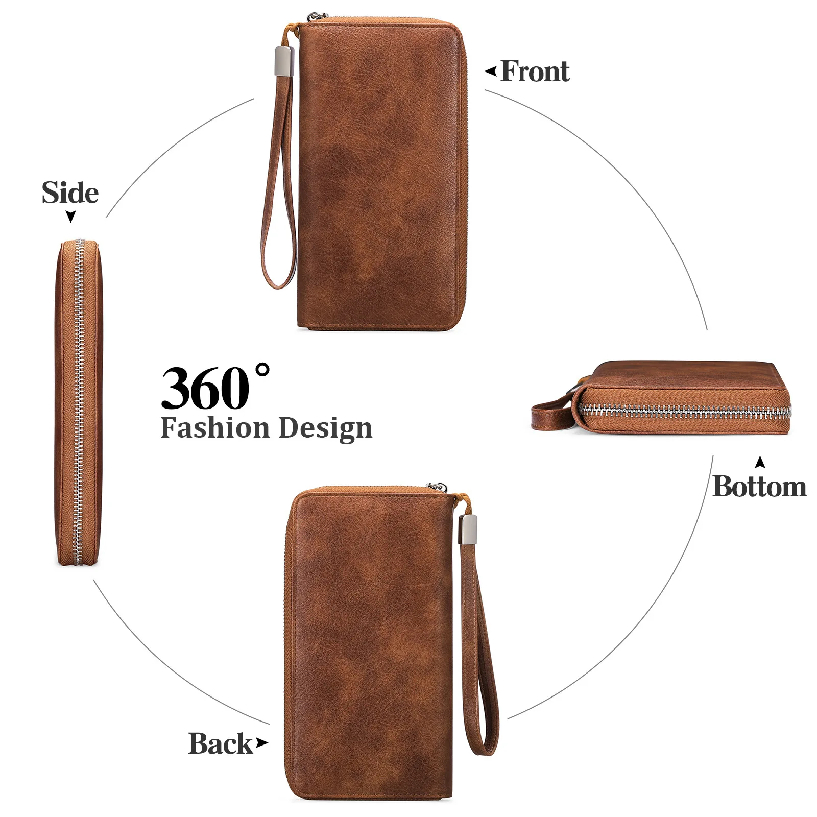Women's Wallet Large Capacity Long Style European and American Vintage Leather Multi Card Wallet Phone Bag RFID Anti theft Brush