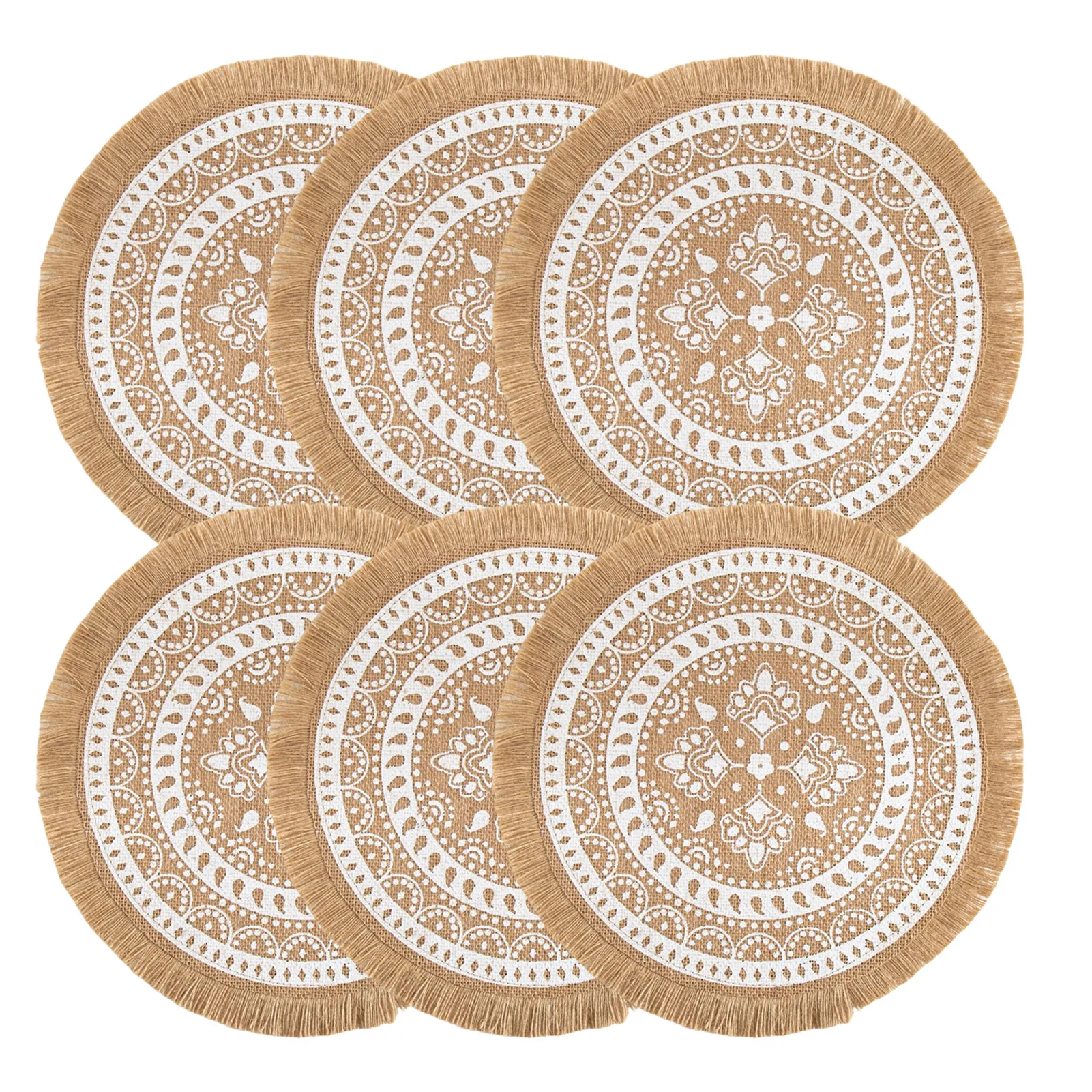 

6Pcs Boho Round Placemats Set Kitchen Plate Mats Runners for Dining Table Mandala Bohemian Burlap Circle Placemats 38cm/15Inch
