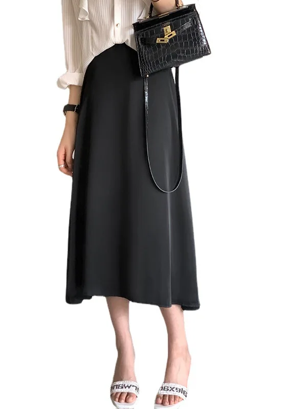 

2022summer New Satin Women's Skirt Solid Color Mid-Length Dress Temperament