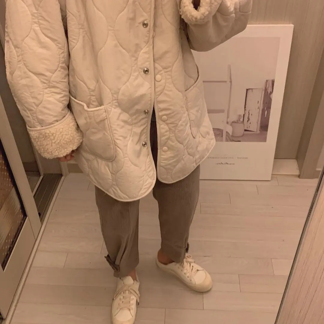 New Winter Korean V-neck Women Lamb Padded Warm Jacket Fashion Casual Loose Solid Coat Cotton Faux Lining Women Parkas 2023