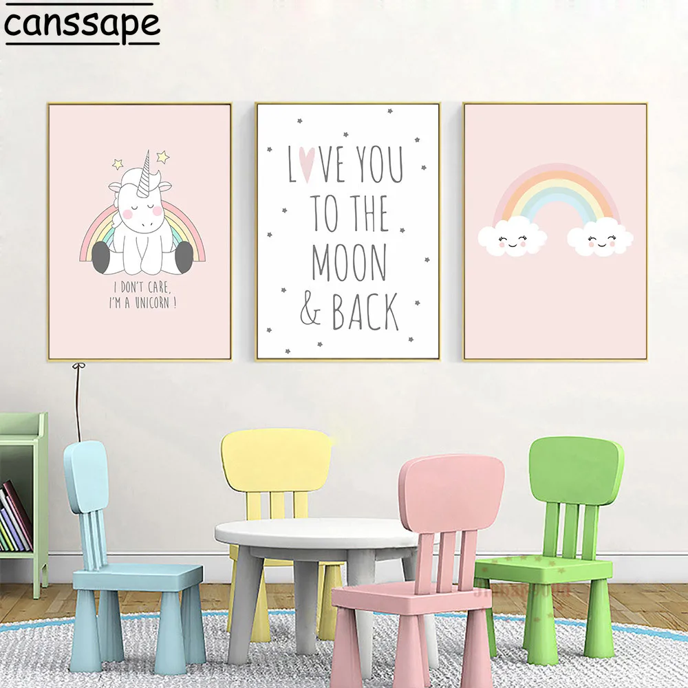 

Pink Rainbow Canvas Painting Kids Poster Nordic Wall Art Picture Unicorn Poster Nursery Posters and Prints Baby Room Decoration