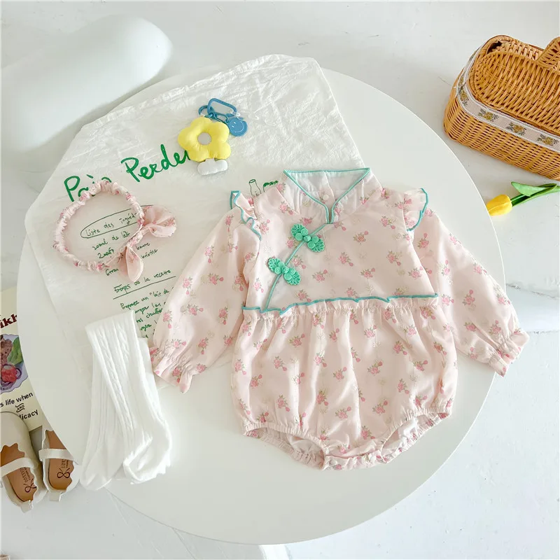 

Baby Clothing Chinese Style Double Layer Autumn Embroidered Traditional Qipao Romper Long Sleeve One Piece Pink Girls Outfits