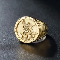 vintage catholic angel michael ring men punk steelgold stainless steel knight saint michael protect us ring jewelry wholesale