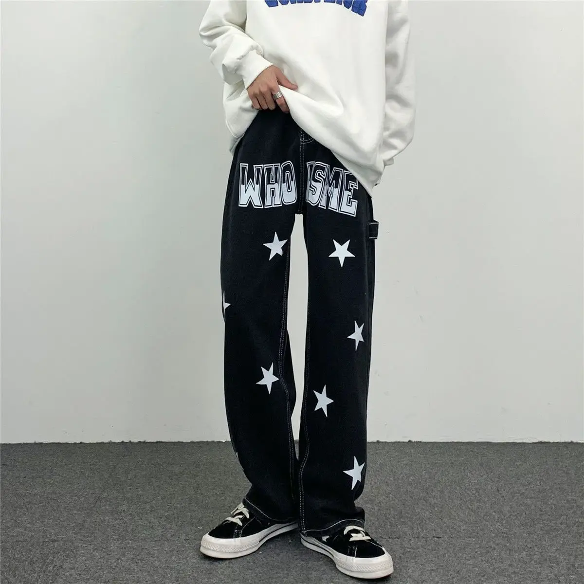 American Street Hip-Hop Trend Star Letter Print Straight Tube Wide Leg Casual Loose Fitting Jeans Are Versatile