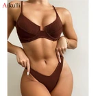 Соблазнительное бикини на косточках 2022, однотонная коричневая купальная одежда, женский купальный костюм, женский комплект бикини из двух предметов, пляжная одежда пуш-ап, купальный костюм