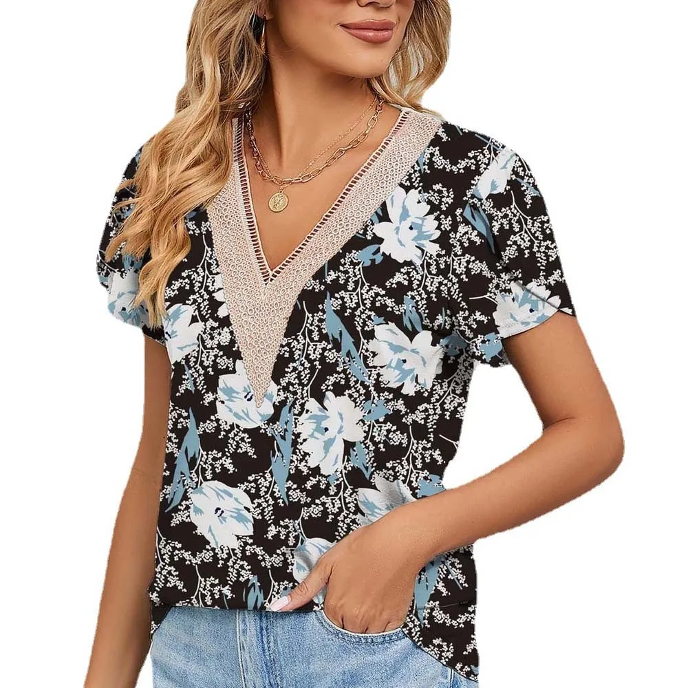 

Женская футболка с V-образным вырезом, коротким рукавом и цветочным принтом