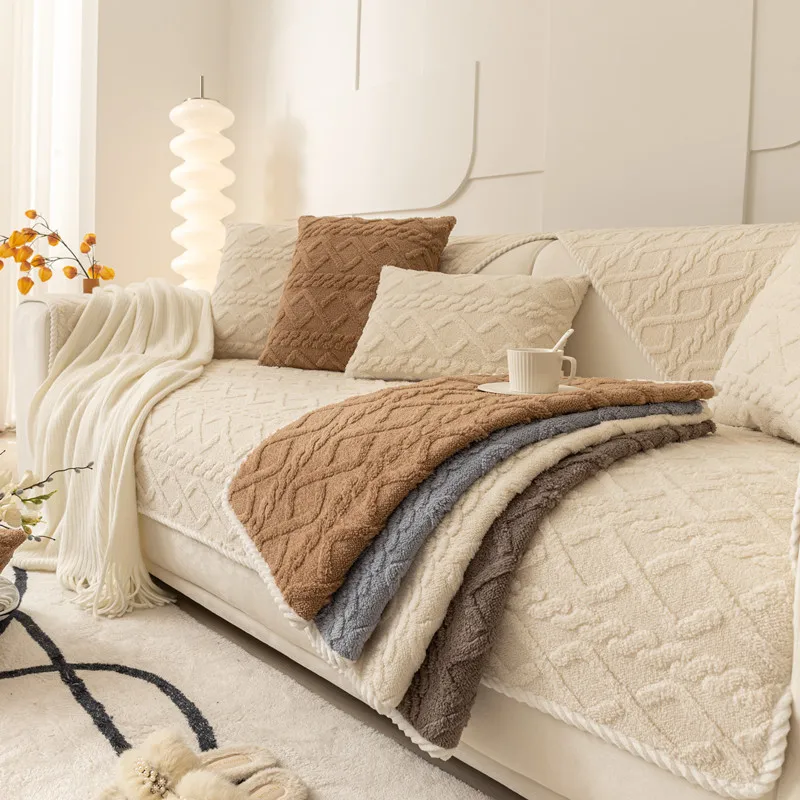 

Plush Sofa Couch Cover Towel Solid Color Jacquard Non-slip Furniture Protector Corner Seat Cushion Armchair Towel Anti-scratch