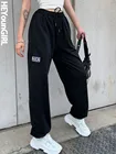 HEYounGIRL вышитые буквы повседневные мешковатые джоггеры женские черные эластичные шаровары с высокой талией капри узкие модные спортивные штаны