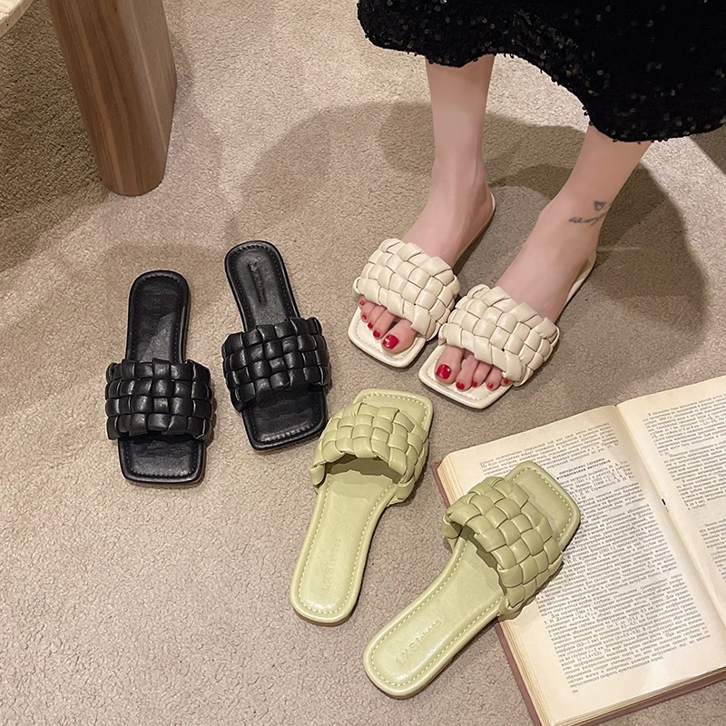 

Low Female Shoes Slippers Flat Square Toe Luxury Slides 2023 Soft Designer Rome PU Basic Female Shoes Slippers Soft Square Toe S