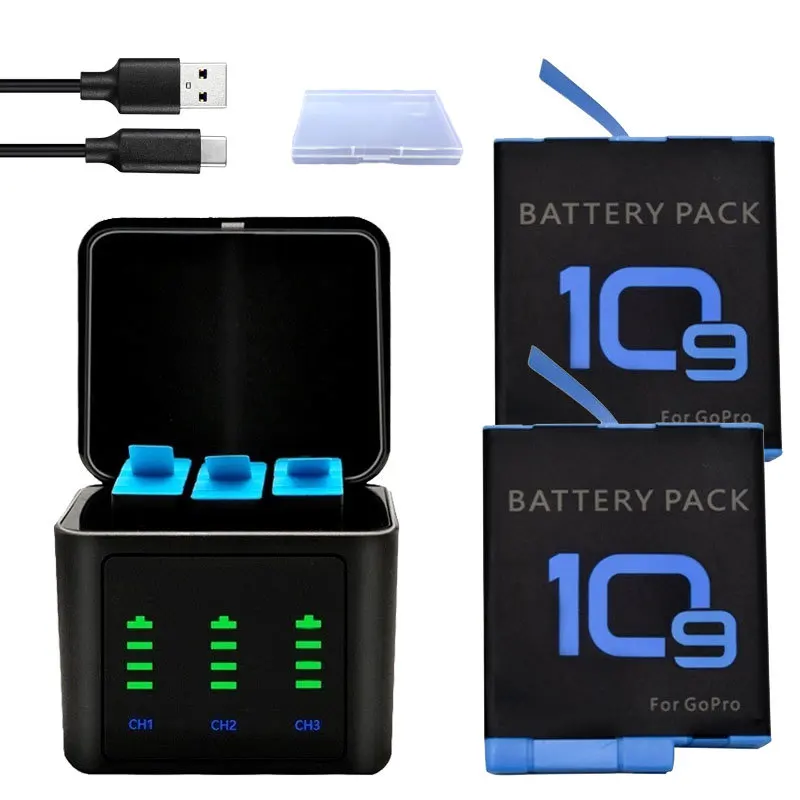 

For GoPro Hero 10 Hero 9 1850 mAh Battery 3 Card Slot LED Light Battery Charger Battery Storage GoPro Hero 9 black