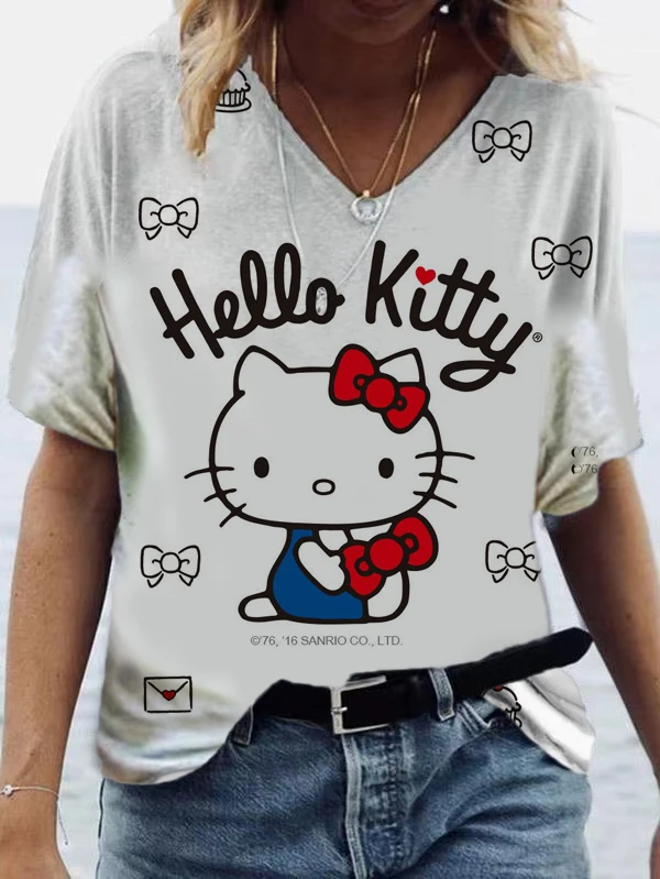 

2023 Hello Kitty short-sleeved T-shirt Korean version cute selfie Japanese soft girl student loose top T-shirt summer ladies T-s