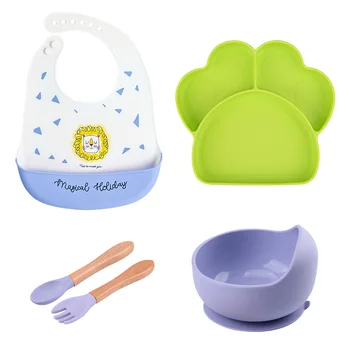Baby Silicone Dishes 4/8PCS Suction Non-slip Children's Dishes Cartoon Bibs BPA Free Bowl Cup Plate Spoon Fork Dinnerware Sets