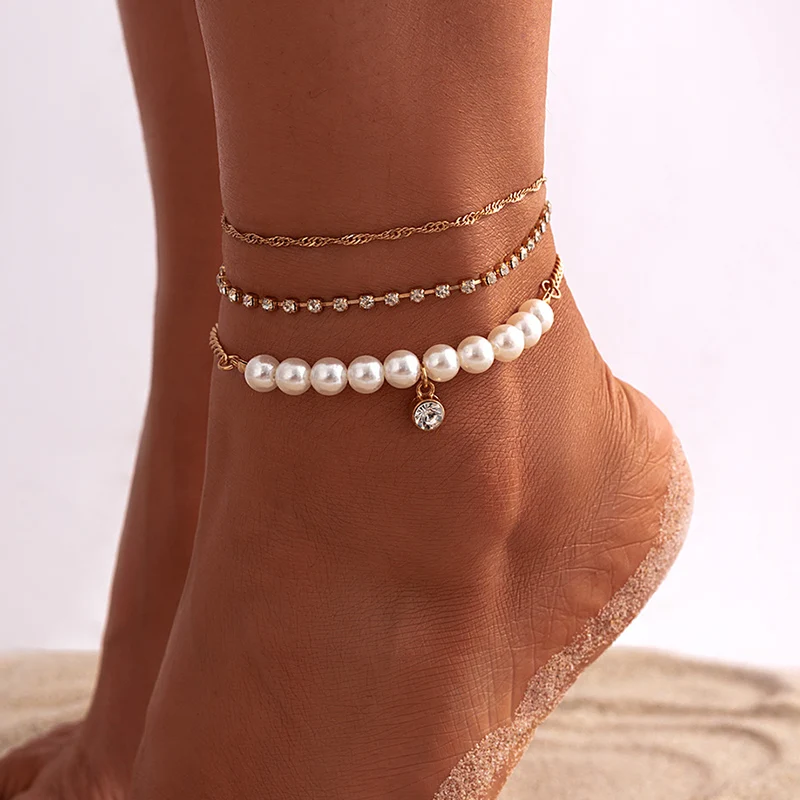 

Boho Anklet Multilayer Crystal Chain Pearl Pendant Bracelet Charm Anklet Sandals Barefoot Beach Foot Bridal Jewelry J039