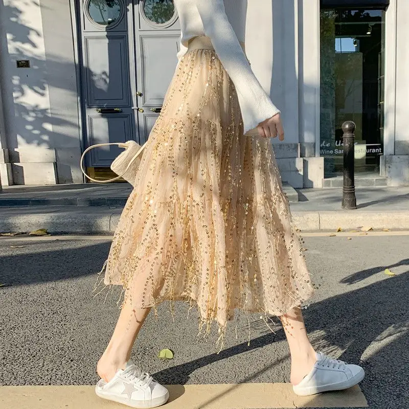 

Fairy Boho Layered Tulle Mid Calf Long Gauze Skirt 2023 New Spring Women Beaded Tassels Patchwork A-line Mesh Long Skirts J162