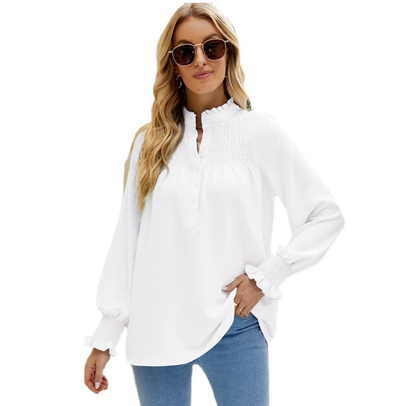 

Womens Autumn Ruffle Lantern Long Sleeve Blouses Tunic Tops Solid Color Ruffled V-Neck Buttons Down Casual Loose Shirts