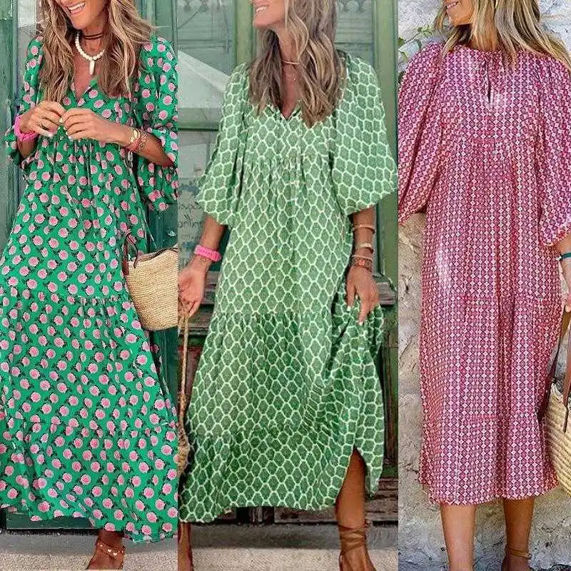 

Womens Summer Bohemian Long Dress Lantern Sleeve Wide Hem Printed Pullover
